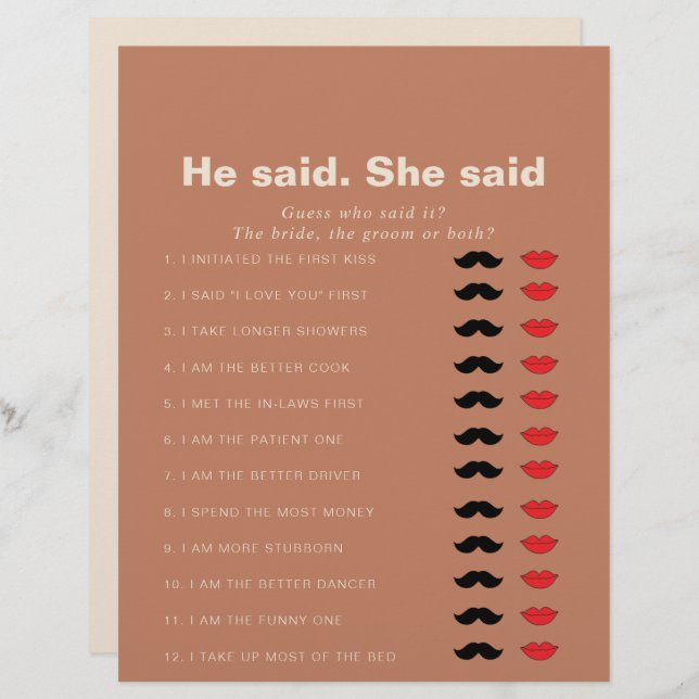 Terracotta He Said She Said Bridal Shower Game (Front/Back)