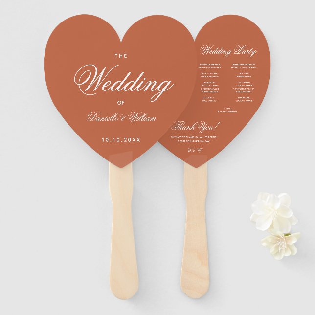 Terracotta Heart Elegant Script Wedding Program Hand Fan (Front and Back)