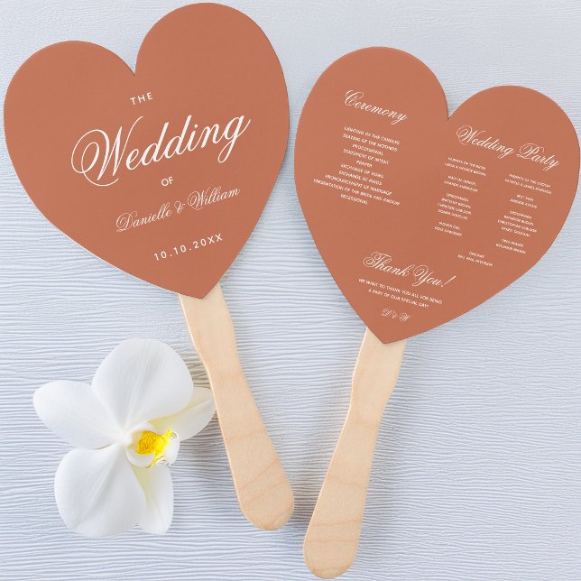 Terracotta Heart Elegant Script Wedding Program Hand Fan (Creator Uploaded)