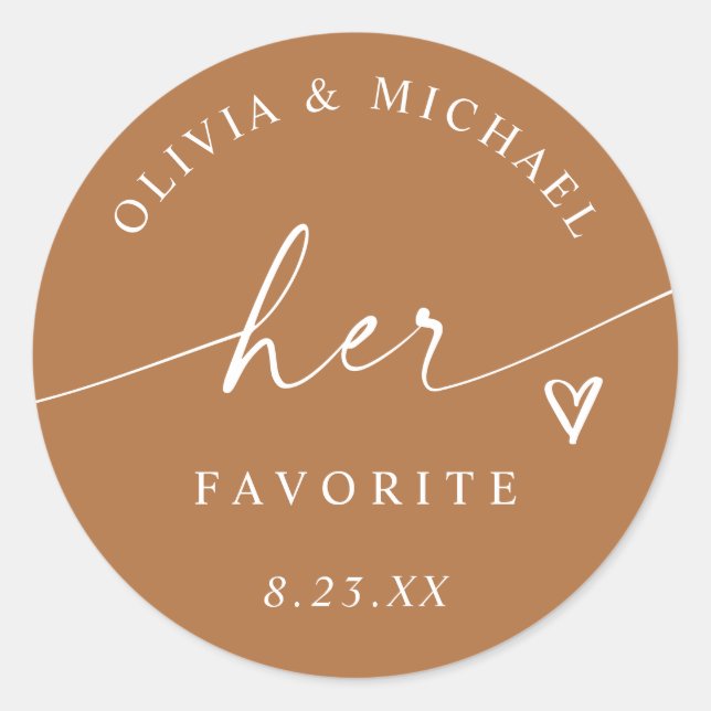 Terracotta Her Favourite Script Wedding Treat Bag Classic Round Sticker (Front)