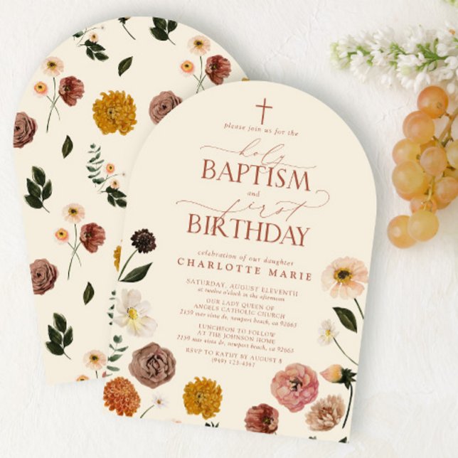 Terracotta Holy Baptism & 1st Birthday Flowers  Invitation (Creator Uploaded)
