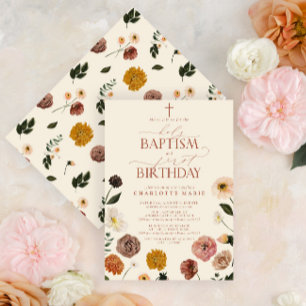 Terracotta Holy Baptism & 1st Birthday Flowers Invitation