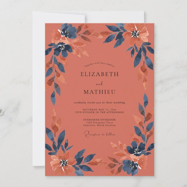 Terracotta Indigo Leaf Wedding Invitation (Front)