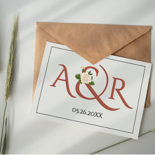 Terracotta initials and ampersand, rose wedding Tri-Fold invitation