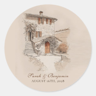 Terracotta Italian Villa Sketch Wedding  Classic Round Sticker