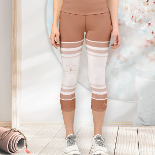 Terracotta Ivory Floral Line Art Athletic Stripes Capri Leggings
