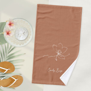Terracotta Ivory Floral Line Art Minimalist Zen Hand Towel