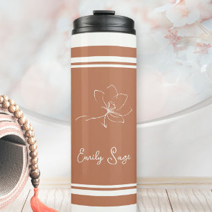Terracotta Ivory Floral Line Art Striped Thermal Tumbler