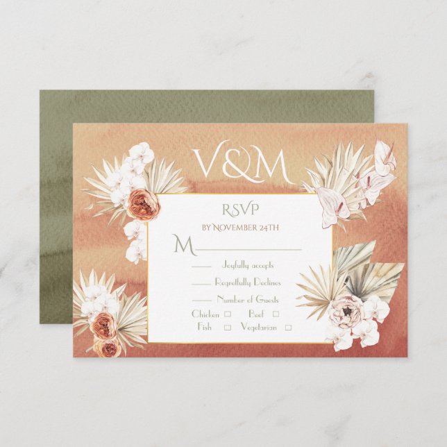 Terracotta & Khaki Palm Leaves Tropical RSVP (Front/Back)