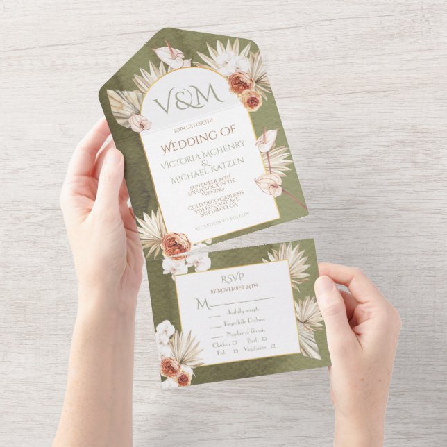 Terracotta & Khaki Palm Leaves Tropical Wedding Al All In One Invitation (Tearaway)