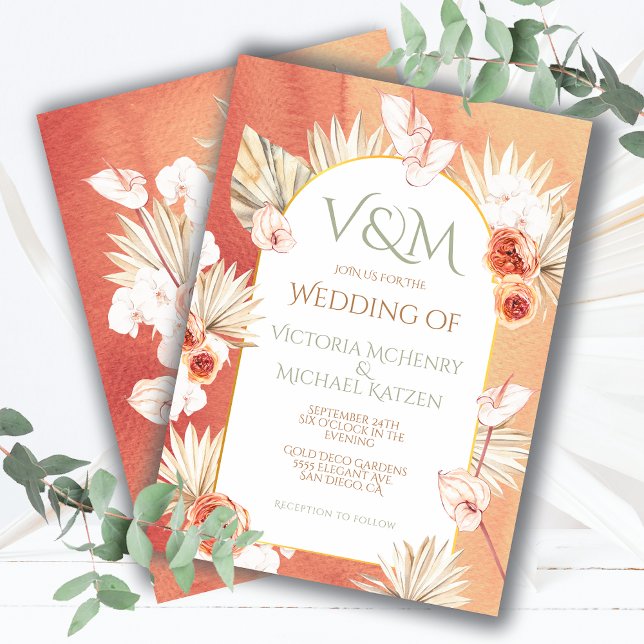 Terracotta & Khaki Palm Leaves Tropical Wedding Invitation (Creator Uploaded)