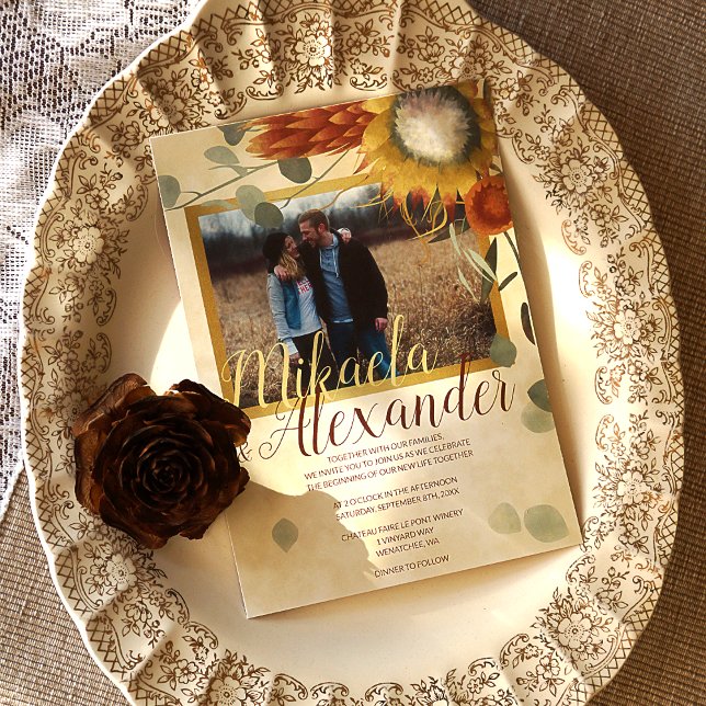 Terracotta King Proteas Eucalyptus Green Fall Invitation (Fall Wedding Invitation with Gold Photo Frame and Orange, Gold, Sage Green Fall Plants)