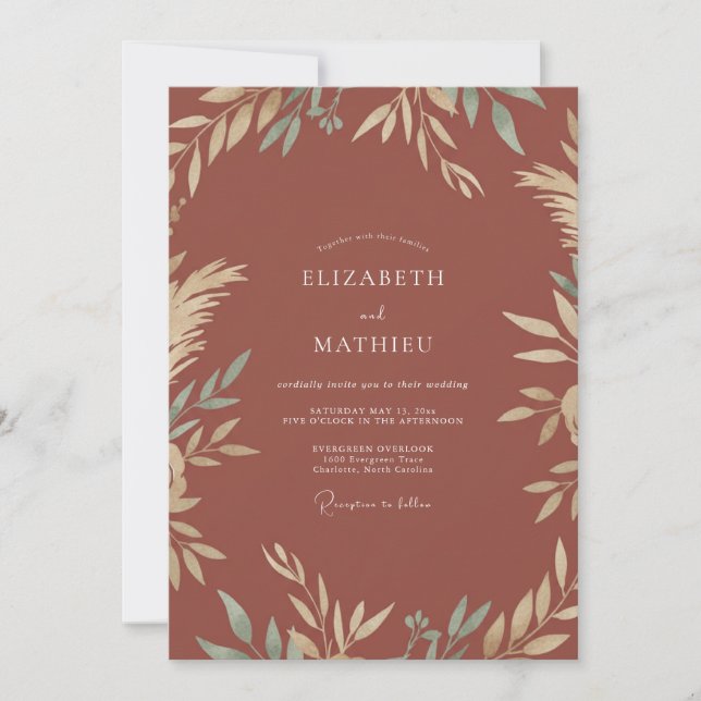 Terracotta Laurel Foliage Eucalyptus Wedding Invitation (Front)