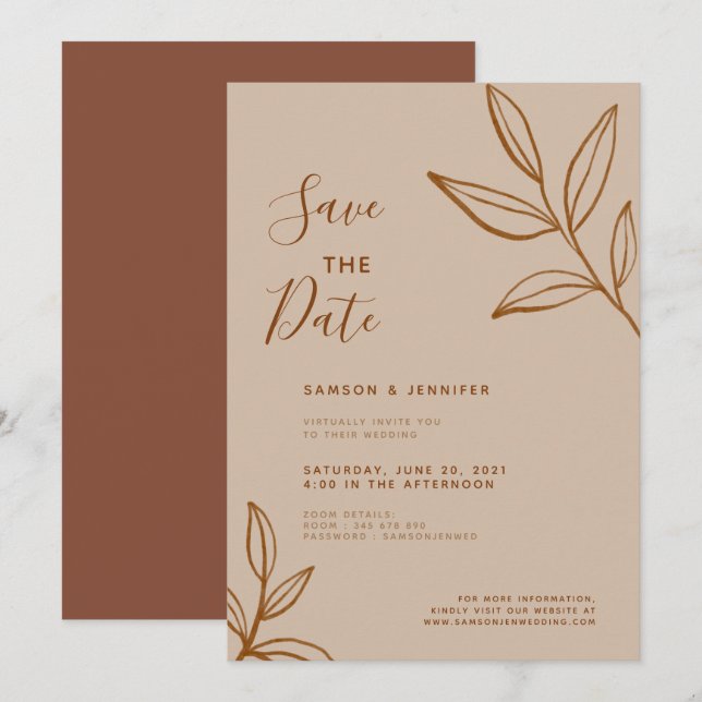 Terracotta Leaf Save the Date Virtual Wedding Invitation (Front/Back)