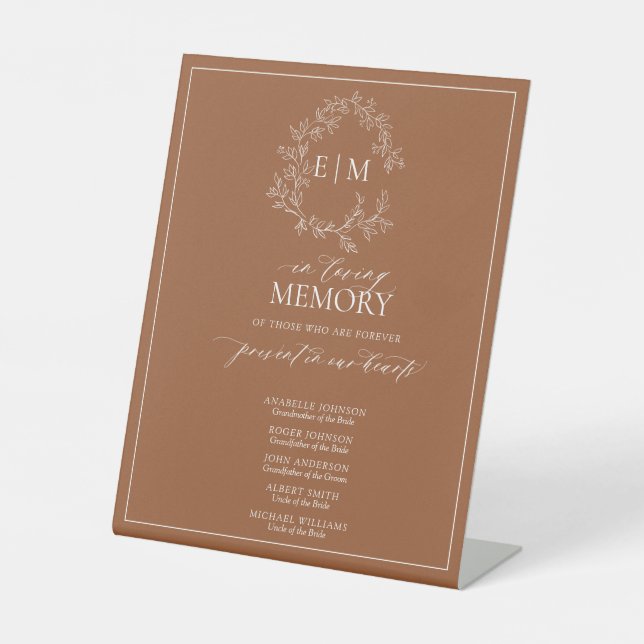 Terracotta Leafy Crest Monogram In Loving Memory Pedestal Sign (Front)