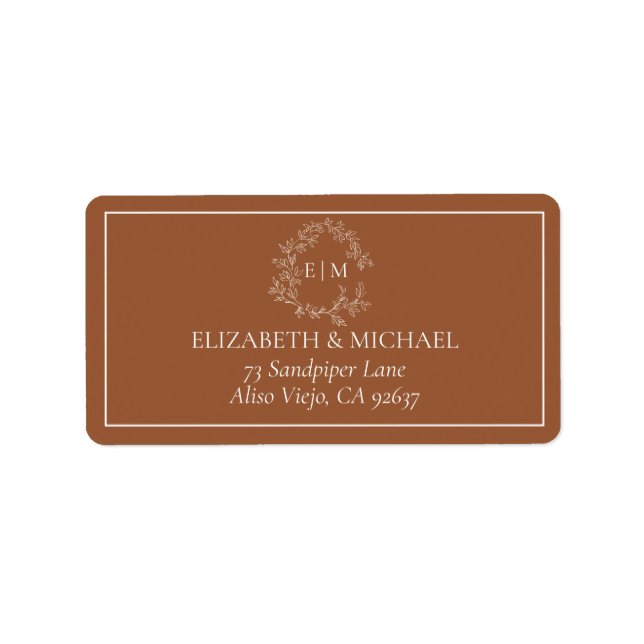 Terracotta Leafy Crest Monogram Wedding Address Label (Front)