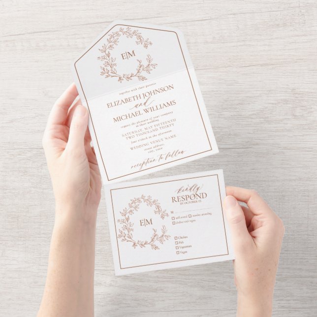 Terracotta Leafy Crest Monogram Wedding All In One Invitation (Tearaway)