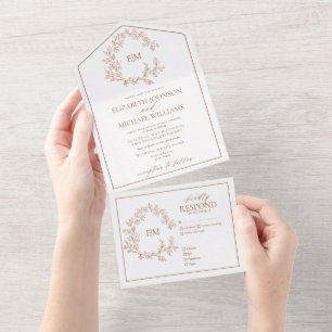 Terracotta Leafy Crest Monogram Wedding All In One Invitation