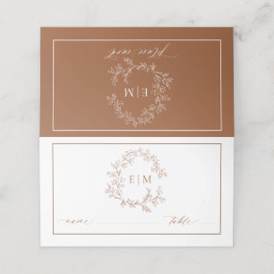 Terracotta Leafy Crest Monogram Wedding Place Card