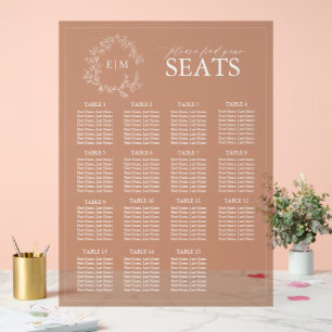 Terracotta Leafy Crest Monogram Wedding Seating Acrylic Sign