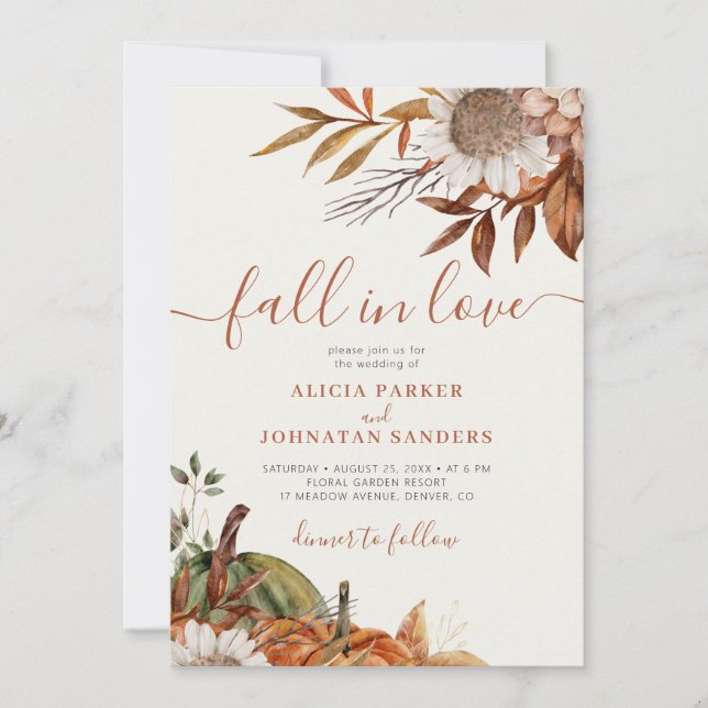 Terracotta leaves boho floral ivory fall wedding invitation (Front)
