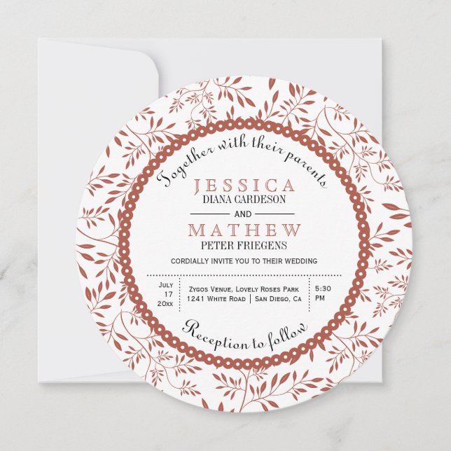 Terracotta leaves pattern floral fall wedding invitation (Front)