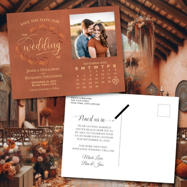 Terracotta Leaves Photo Calendar Wedding Save Date Announcement Postcard (Front/Back)