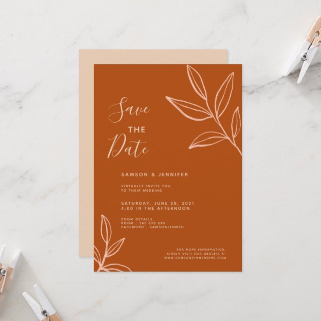 Terracotta Leaves Save the Date Virtual Wedding Invitation (Front/Back In Situ)