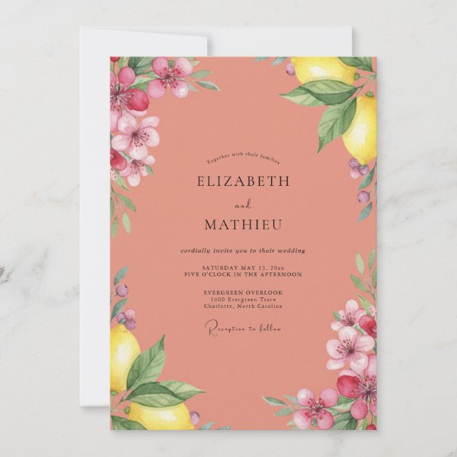 Terracotta Lemon Citrus Muted Eucalyptus Wedding Invitation (Front)