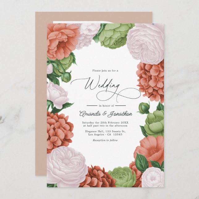 Terracotta Light Peach Olive Green Floral Wedding Invitation (Front/Back)