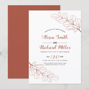 Terracotta line art branch and leaves fall wedding invitation