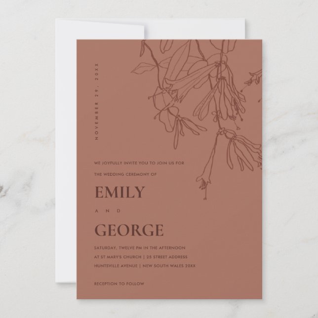 TERRACOTTA LINE DRAWING FLORAL WEDDING INVITE (Front)