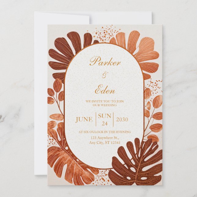 Terracotta Line Monstera Gold Arch Wedding Invitation (Front)