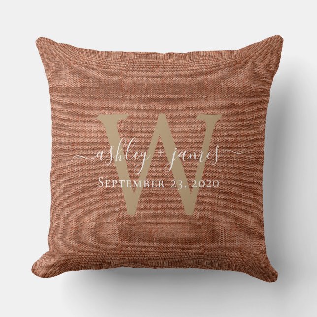 TerraCotta Linen Monogram Wedding Keepsake  Cushion (Front)
