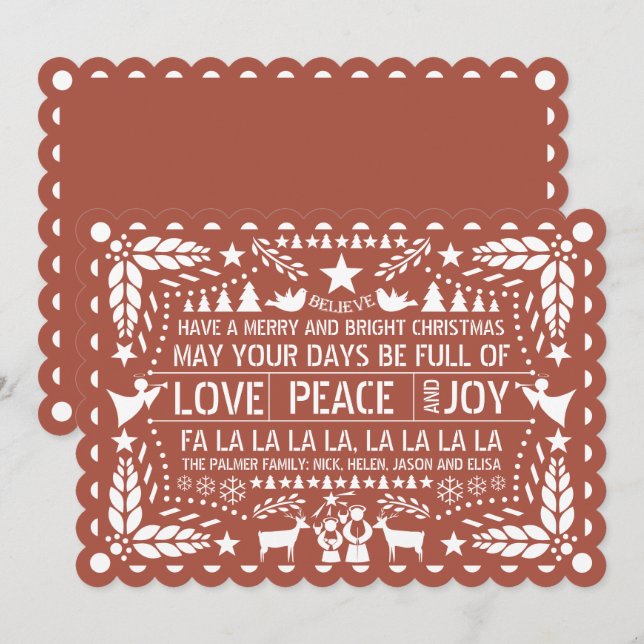 Terracotta Love Peace Joy papel picado Christmas Holiday Card (Front/Back)