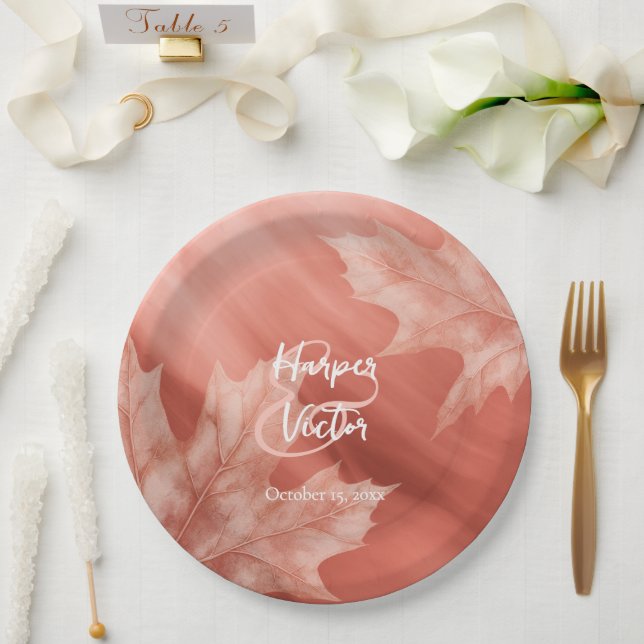 terracotta maple leaves fall wedding paper plate (Wedding)