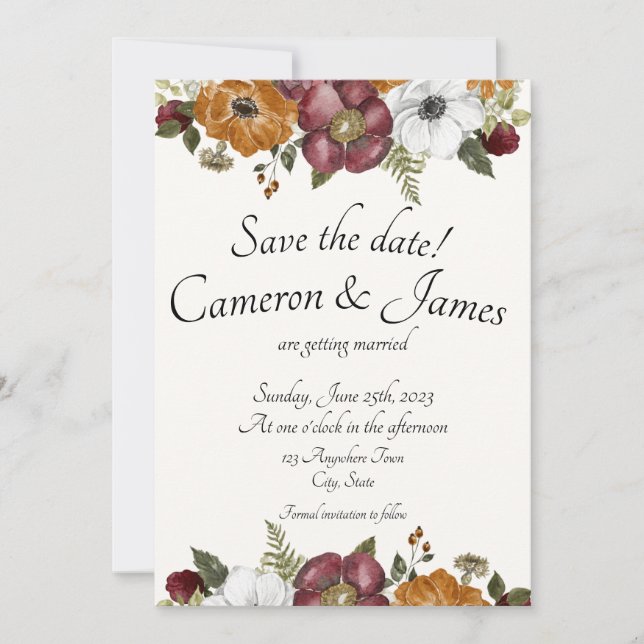 Terracotta & Maroon Boho Wildflower Garden Wedding Save The Date (Front)