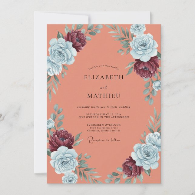 Terracotta Maroon Peony Wedding Invitation (Front)