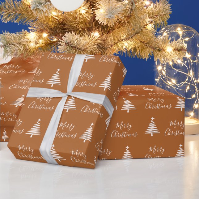 Terracotta Merry Christmas White Christmas Tree  Wrapping Paper (Holidays)