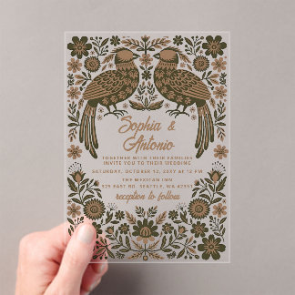 Terracotta Mexican Birds Otomi Floral Wedding Acrylic Invitations
