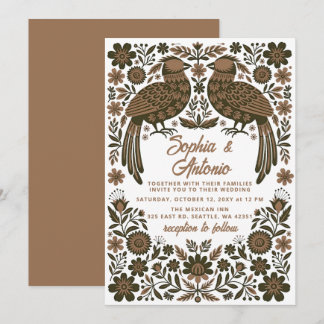 Terracotta Mexican Birds Otomi Floral Wedding Invitation