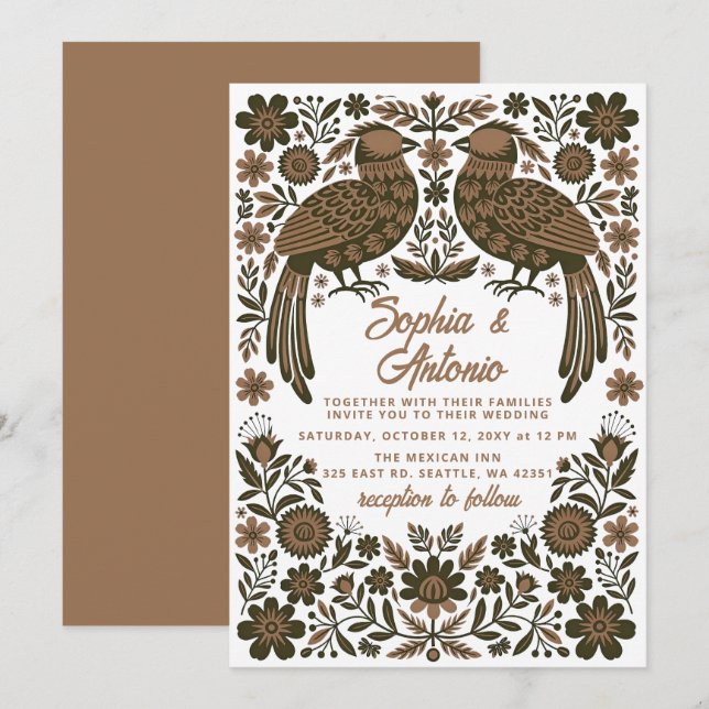 Terracotta Mexican Birds Otomi Floral Wedding Invitation (Front/Back)