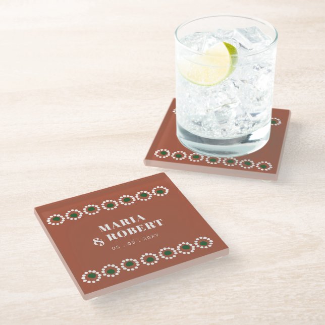 Terracotta Mexican Boho Barro Wedding Glass Coaster (Angled)