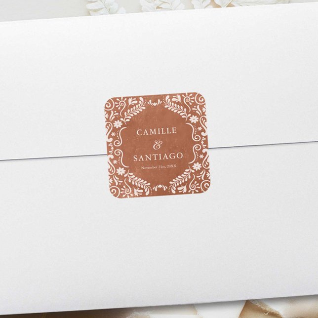 Terracotta Mexican Wedding Papel Picado Square Sticker (Mexican Talavera Wedding envelope seal)