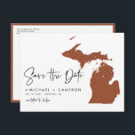 Terracotta Michigan Map QR Code Save the Date Announcement Postcard<br><div class="desc">Celebrate your Michigan wedding with a modern and interactive twist with this QR Code Save the Date Postcard, featuring a sleek silhouette of the Michigan state map. The minimalist design highlights Michigan’s unique shape, making it the perfect choice for couples planning a wedding in the Great Lakes State. Whether you're...</div>