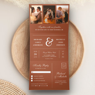 Terracotta Minimal 3 in 1 Photo Collage Wedding Tri-Fold Invitation