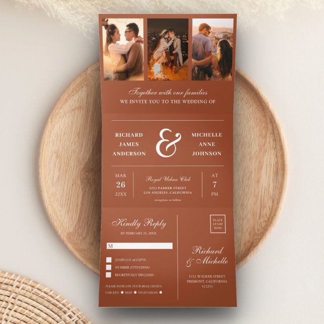 Terracotta Minimal 3 in 1 Photo Collage Wedding Tri-Fold Invitation (Creator Uploaded)