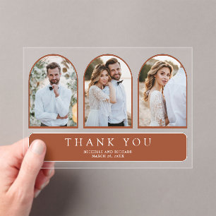 Terracotta Minimal Arch 3 Photo Wedding Thank You Acrylic Invitations