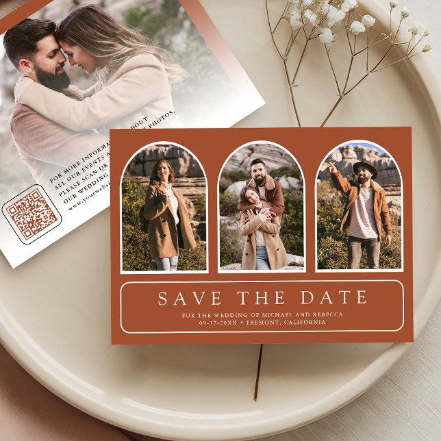 Terracotta Minimal Arch Photo QR Code Wedding Save The Date (Creator Uploaded)