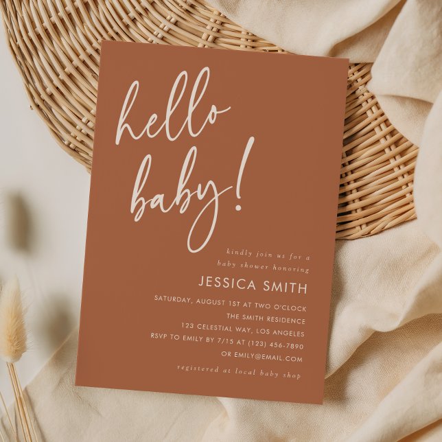Terracotta Minimal Boho Hello Baby Shower Invitation (Creator Uploaded)